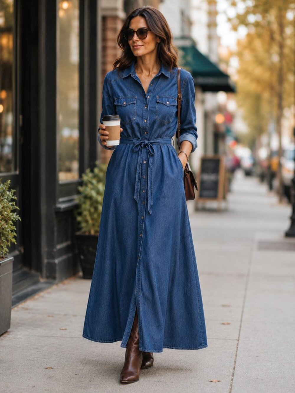 Denim Maxi Shirt Dress Belted Button Front Long Sleeve Jean Size 18